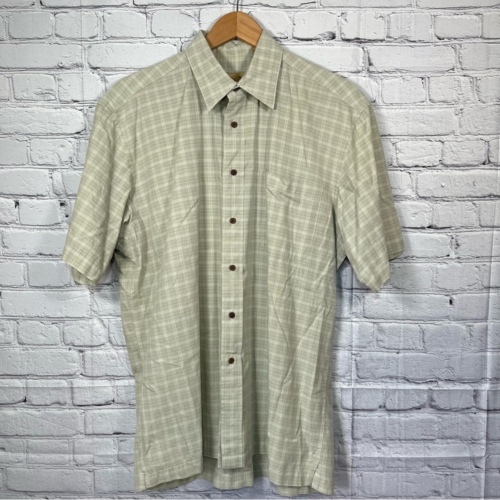 Jos A Bank Shirt Plaid Short Sleeve Button Up Mens Size Medium Green Cotton